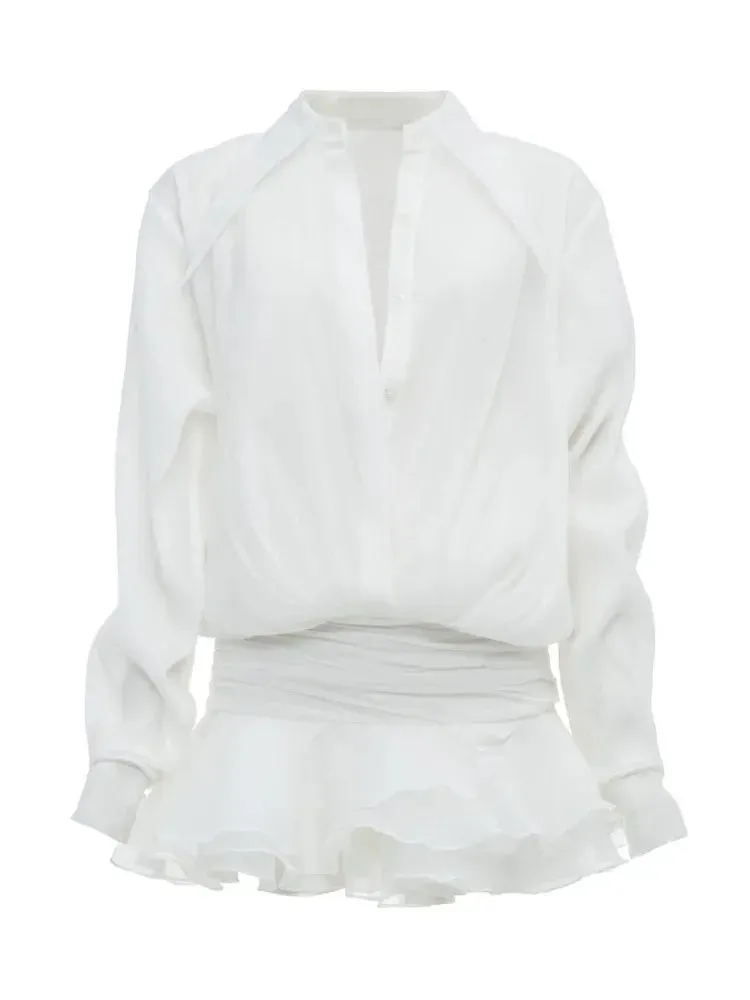 Toleet-New White Chiffon Dress For Women Casual Ruffled Pleated Mini Dress See-through Loose Oversized Shirt Dress Cover-Up 2024
