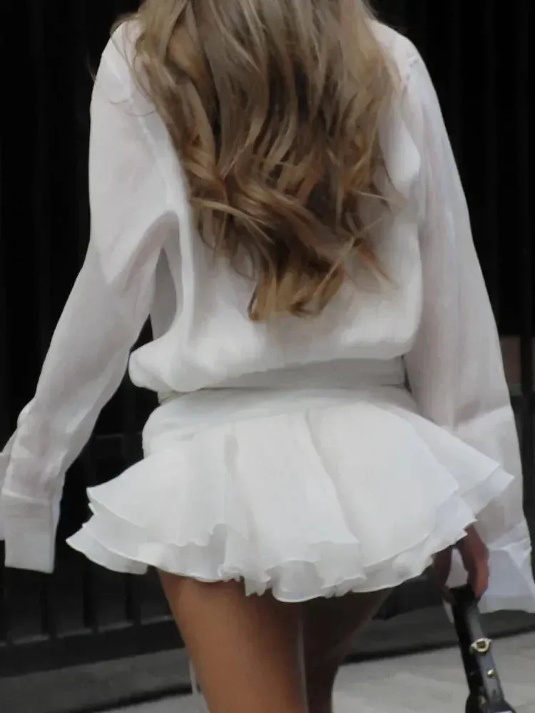 Toleet-White Chiffon Mini Dress For Women Casual Loose Oversized Pleated Mini Dress See-through Summer Beach Elegant Shirt Dress