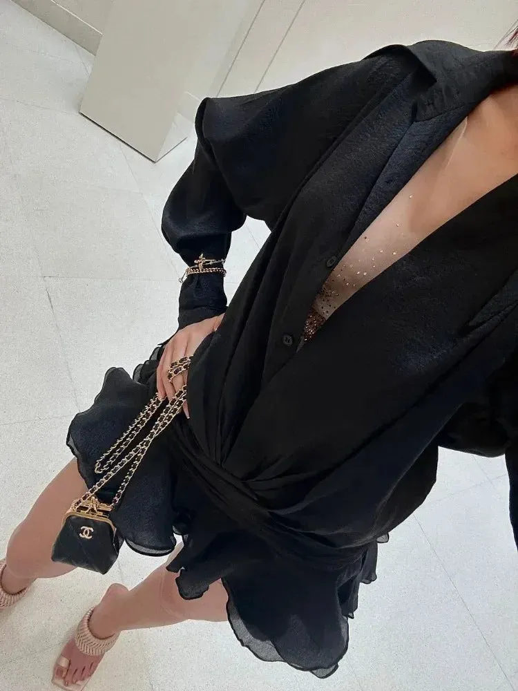 Toleet-White Chiffon Mini Dress For Women Casual Loose Oversized Pleated Mini Dress See-through Summer Beach Elegant Shirt Dress