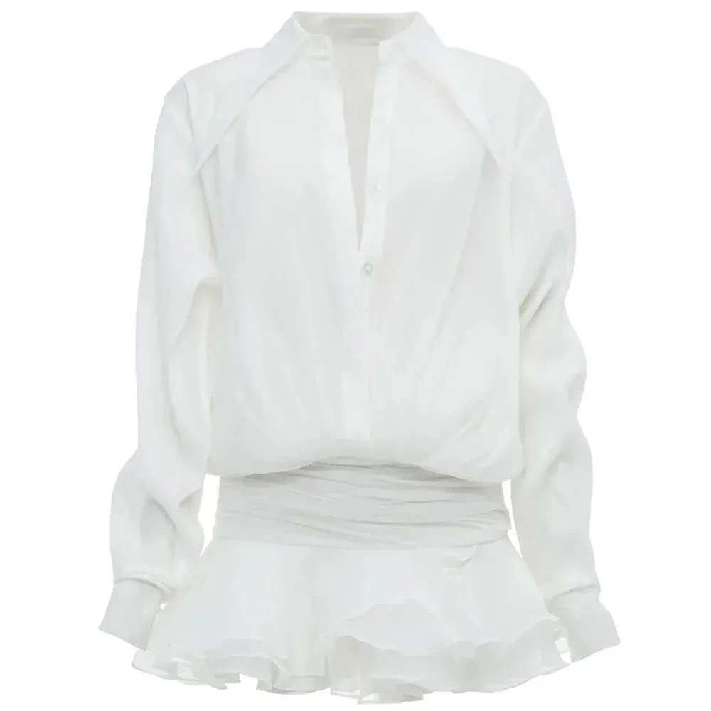Toleet-White Chiffon Mini Dress For Women Casual Loose Oversized Pleated Mini Dress See-through Summer Beach Elegant Shirt Dress