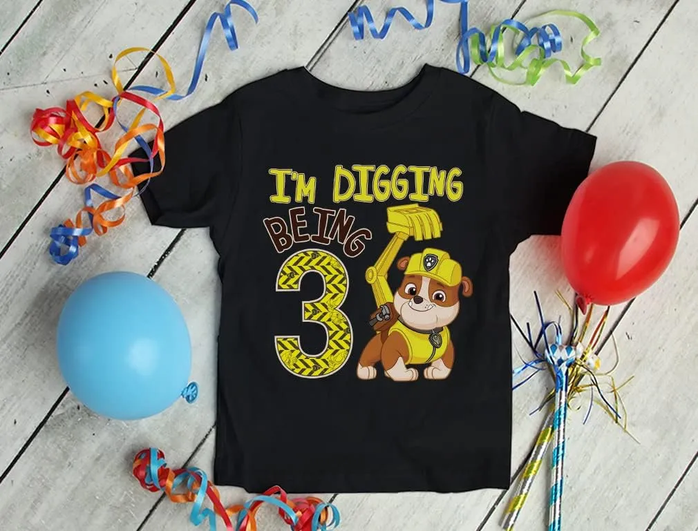 Tstars Rubble 3rd Birthday Boy Digging Being 3 Shirt Gifts for Three Years Old Boys Bday Paw Patrol Toddler Kids T-Shirt