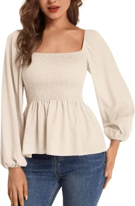 Umenlele Women's Long Sleeve Square Neck Shirred Ruched Ruffle Peplum Blouse Shirt Tops