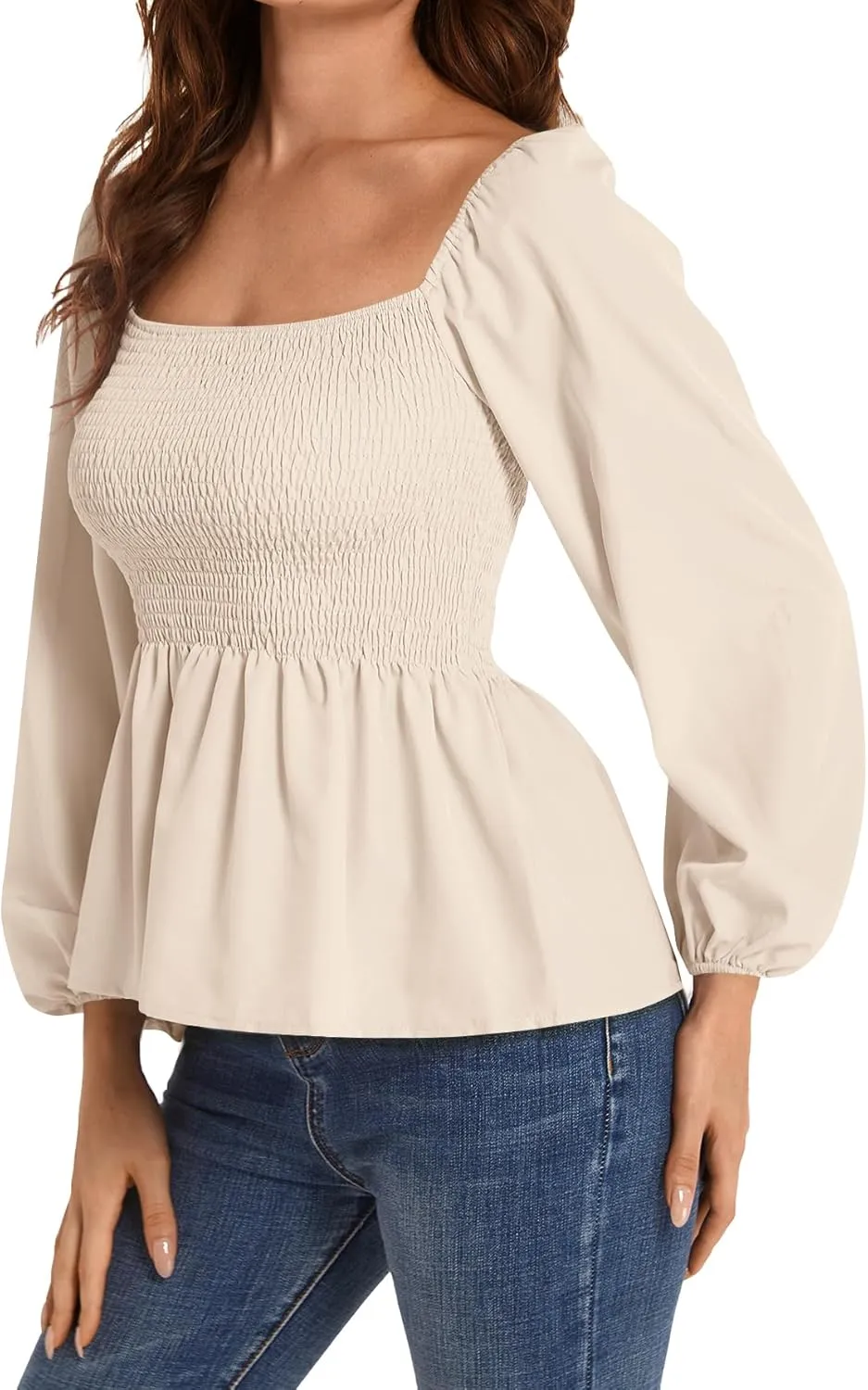 Umenlele Women's Long Sleeve Square Neck Shirred Ruched Ruffle Peplum Blouse Shirt Tops