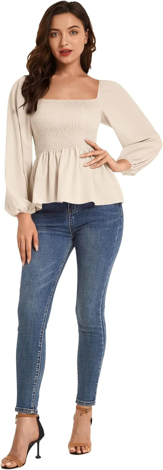 Umenlele Women's Long Sleeve Square Neck Shirred Ruched Ruffle Peplum Blouse Shirt Tops