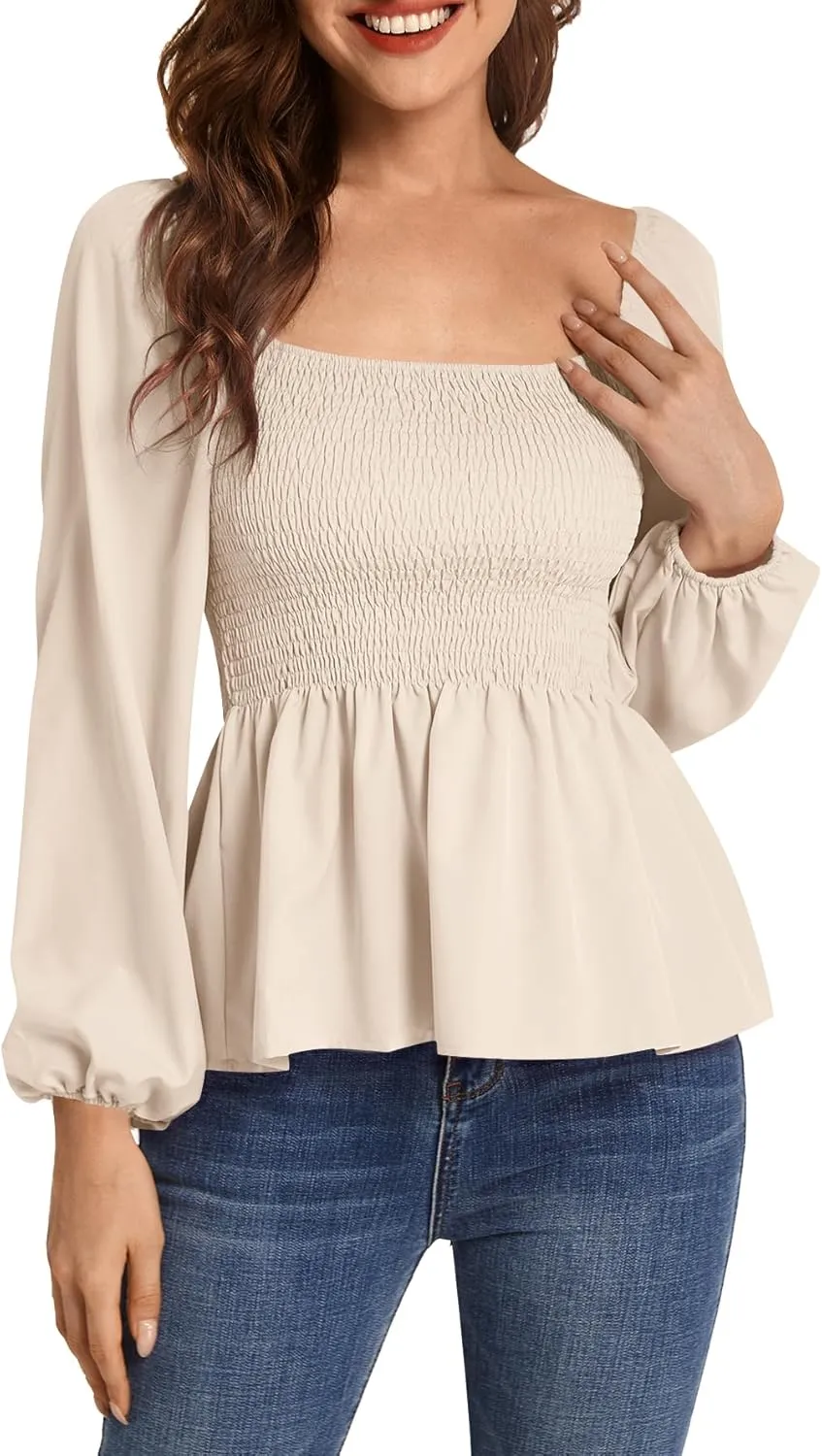 Umenlele Women's Long Sleeve Square Neck Shirred Ruched Ruffle Peplum Blouse Shirt Tops