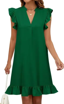 Wkior Summer Dresses for Women 2025 Casual V Neck Cap Sleeve Ruffled Hem T-Shirt Dress Flowy Swing Smock Mini Sundress