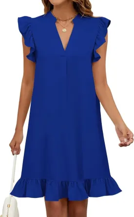 Wkior Summer Dresses for Women 2025 Casual V Neck Cap Sleeve Ruffled Hem T-Shirt Dress Flowy Swing Smock Mini Sundress