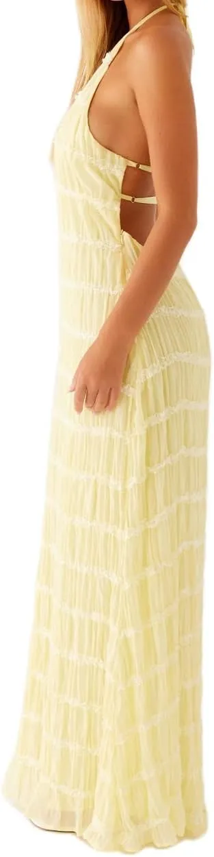 Women Backless Maxi Beach Dress Spaghetti Strap Halter Smocked Long Dress Flowy Vacation Sundress
