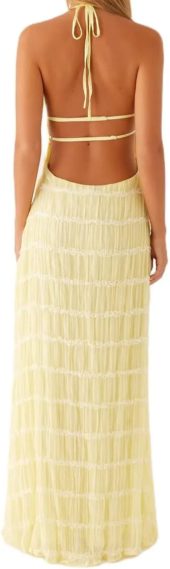Women Backless Maxi Beach Dress Spaghetti Strap Halter Smocked Long Dress Flowy Vacation Sundress