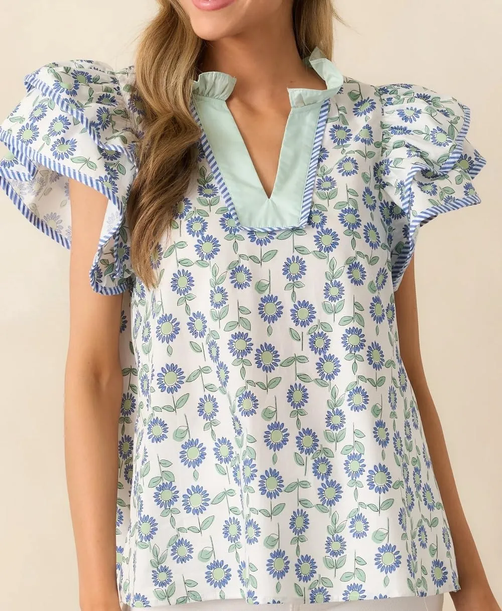 Women Boho Floral Peplum Shirt Flutter Sleeve Ruffle Babyboll Tops V Neck Patchwork Summer Coquette Blouse