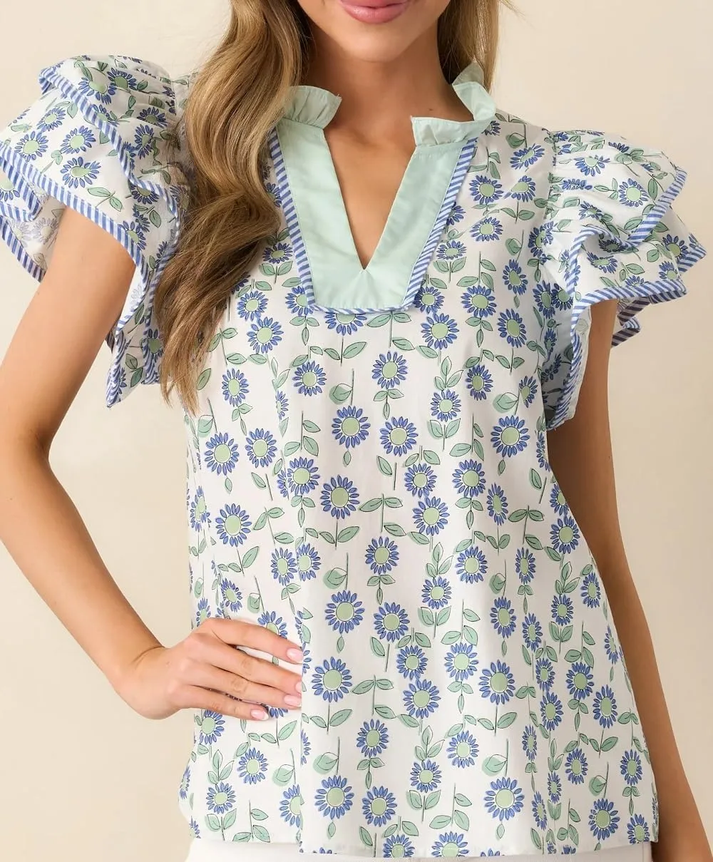 Women Boho Floral Peplum Shirt Flutter Sleeve Ruffle Babyboll Tops V Neck Patchwork Summer Coquette Blouse