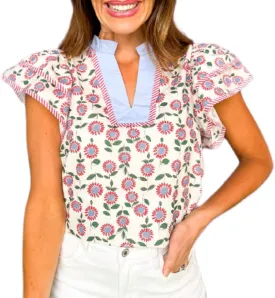 Women Boho Floral Peplum Shirt Flutter Sleeve Ruffle Babyboll Tops V Neck Patchwork Summer Coquette Blouse