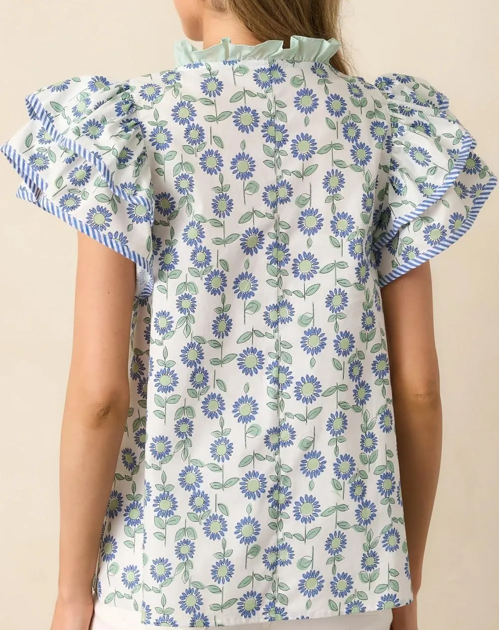 Women Boho Floral Peplum Shirt Flutter Sleeve Ruffle Babyboll Tops V Neck Patchwork Summer Coquette Blouse