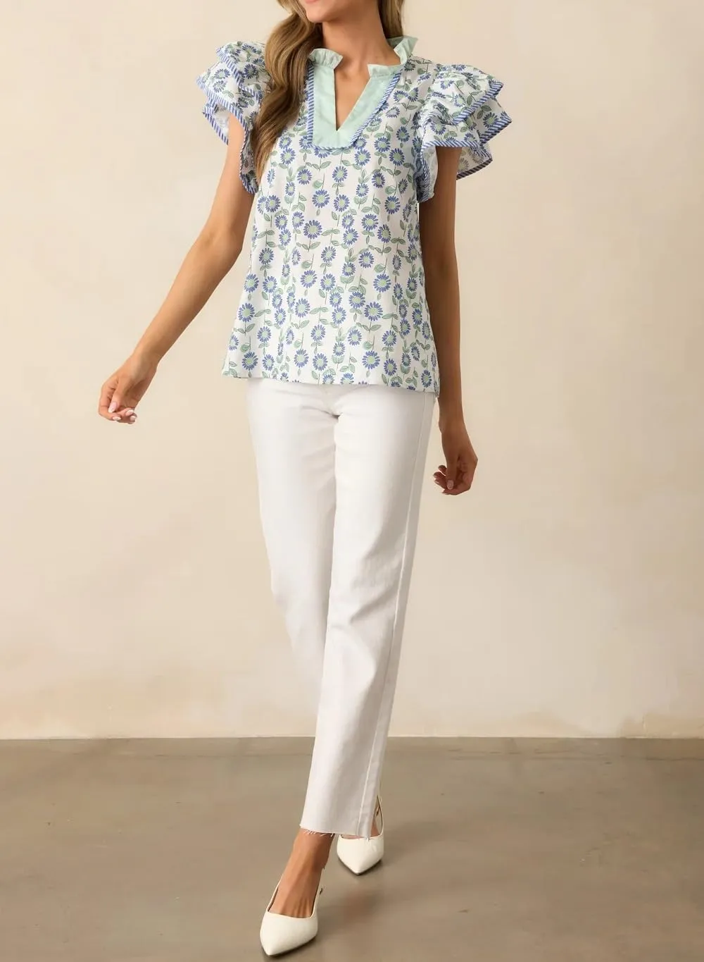 Women Boho Floral Peplum Shirt Flutter Sleeve Ruffle Babyboll Tops V Neck Patchwork Summer Coquette Blouse