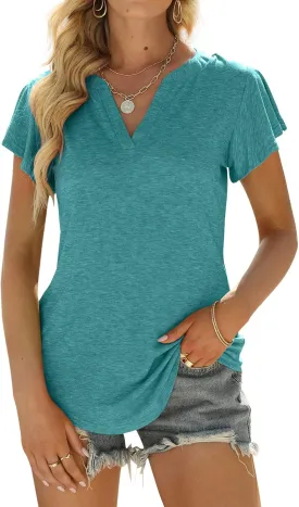 Womens Business Casual Tops Summer V Neck T Shirt Ruffle Short Sleeve Tunic Blouses for Women