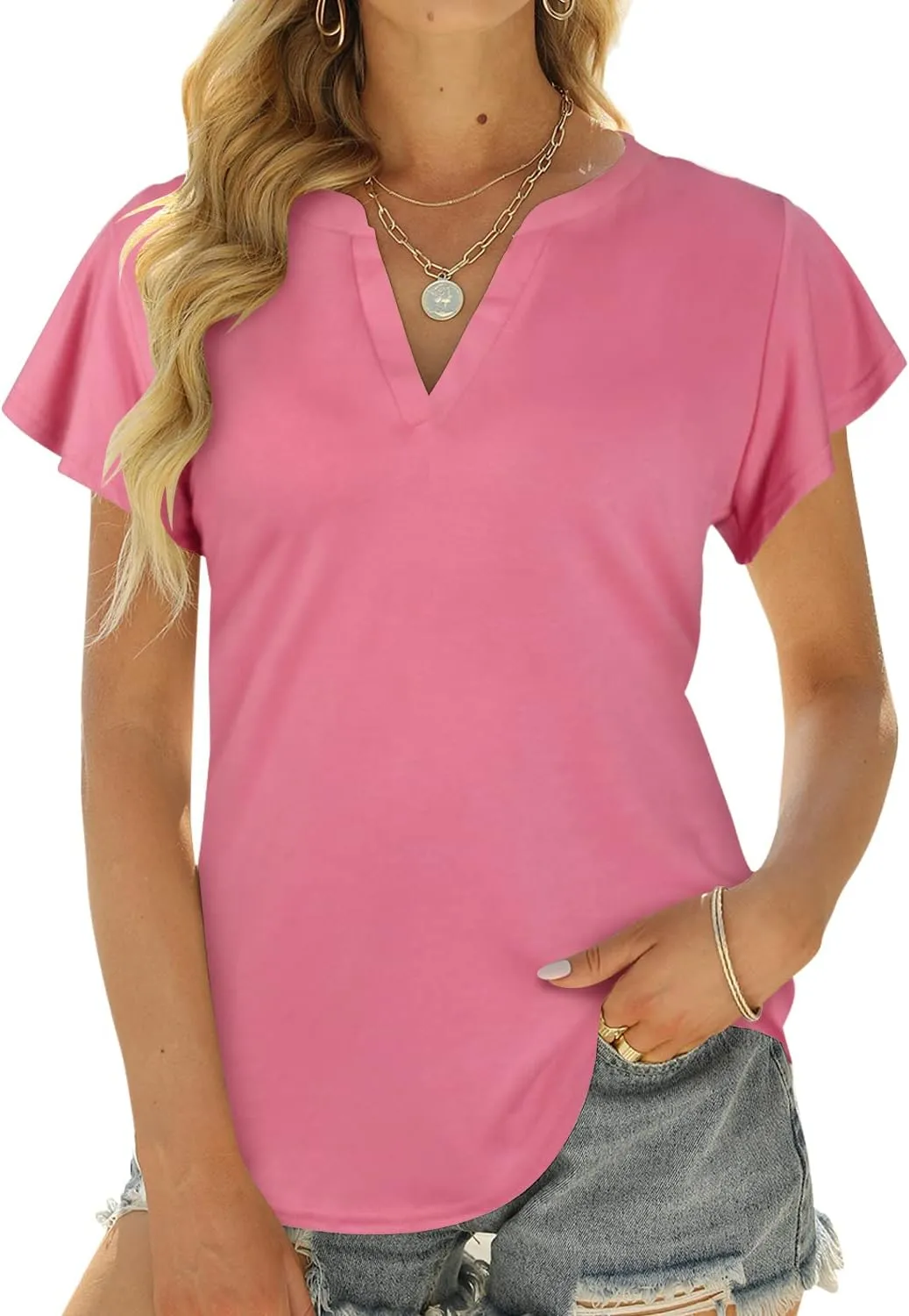 Womens Business Casual Tops Summer V Neck T Shirt Ruffle Short Sleeve Tunic Blouses for Women