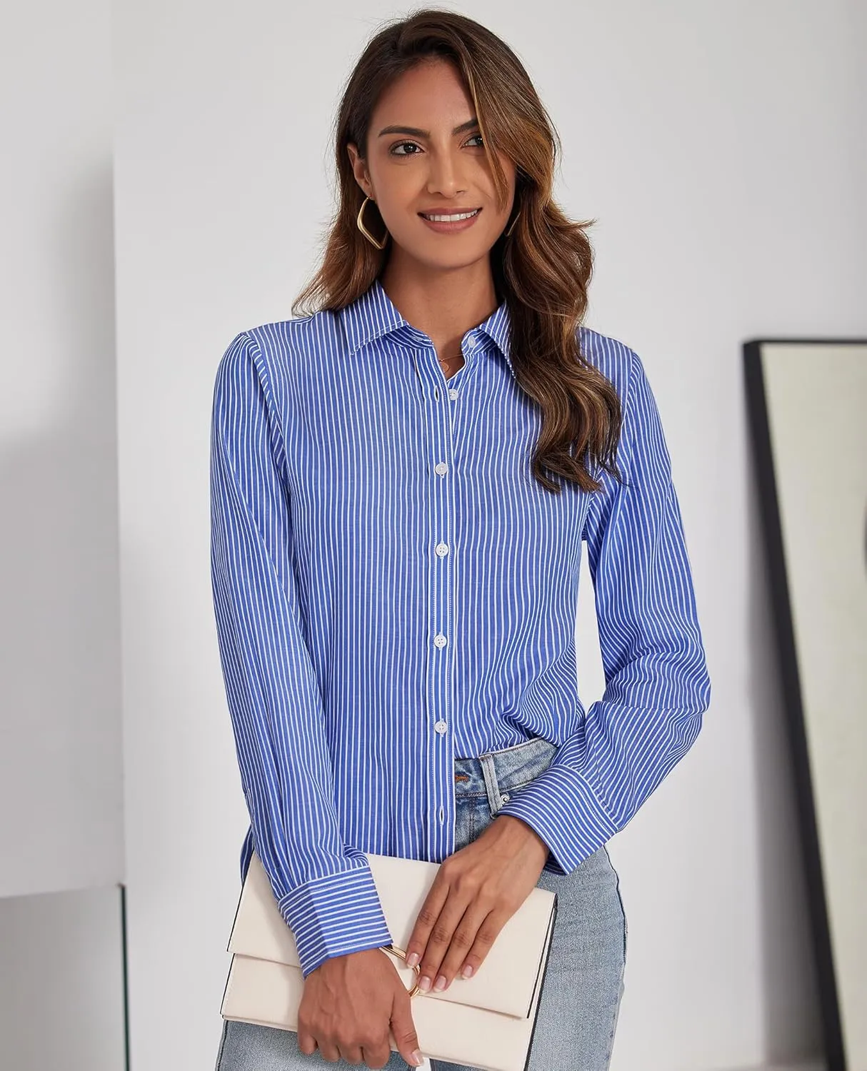 Women's Button Down Shirts Classic Fit Dress Shirt Work Business Casual Long Sleeve Blouse Tops