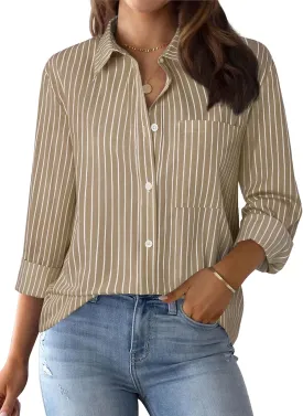 Womens Button Down Shirts Cotton Striped Dress Shirts Long Sleeve Button Up Collared Office Work Blouses Tops