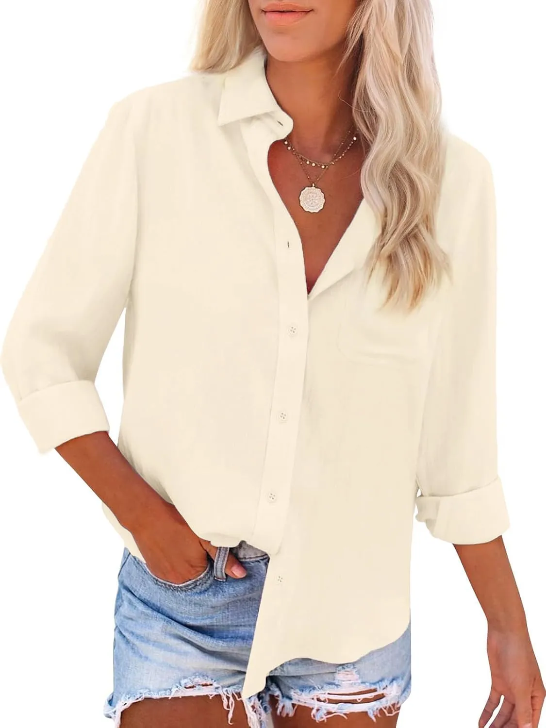 Womens Button Down Shirts Long Sleeve Dress Linen Shirts Casual Collared Cotton Button Up Blouses Oversized Tops with Pockets