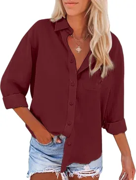 Womens Button Down Shirts Long Sleeve Dress Linen Shirts Casual Collared Cotton Button Up Blouses Oversized Tops with Pockets