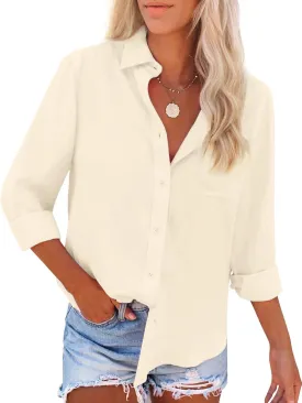 Womens Button Down Shirts Long Sleeve Dress Linen Shirts Casual Collared Cotton Button Up Blouses Oversized Tops with Pockets