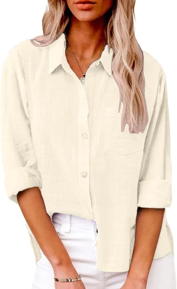 Womens Button Down Shirts Long Sleeve Dress Linen Shirts Casual Collared Cotton Button Up Blouses Oversized Tops with Pockets