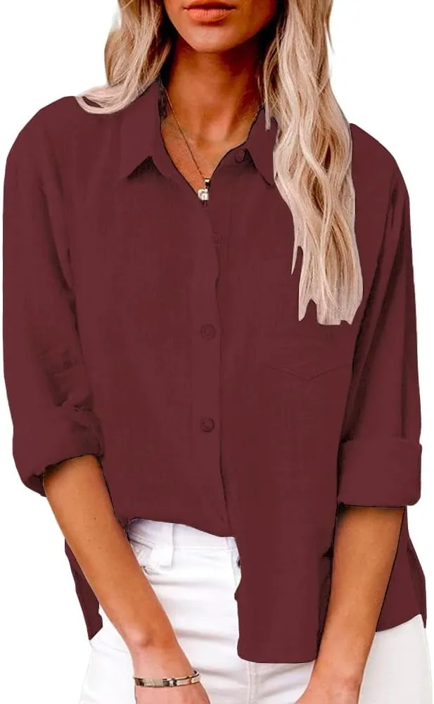 Womens Button Down Shirts Long Sleeve Dress Linen Shirts Casual Collared Cotton Button Up Blouses Oversized Tops with Pockets