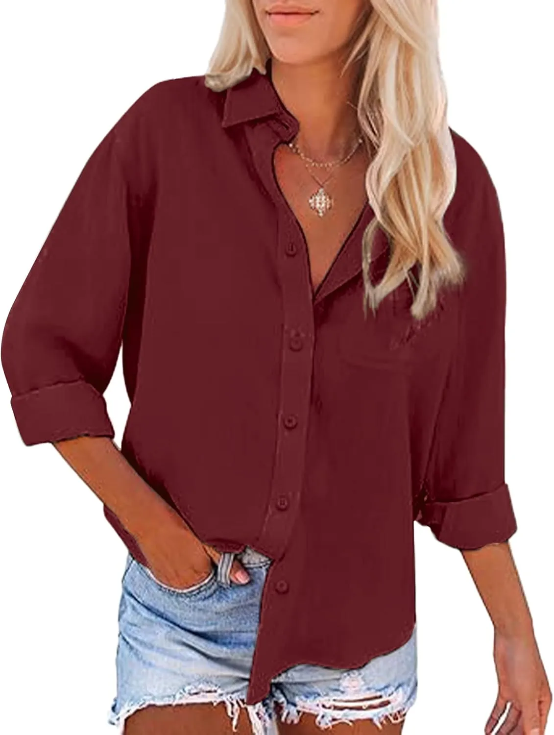 Womens Button Down Shirts Long Sleeve Dress Linen Shirts Casual Collared Cotton Button Up Blouses Oversized Tops with Pockets