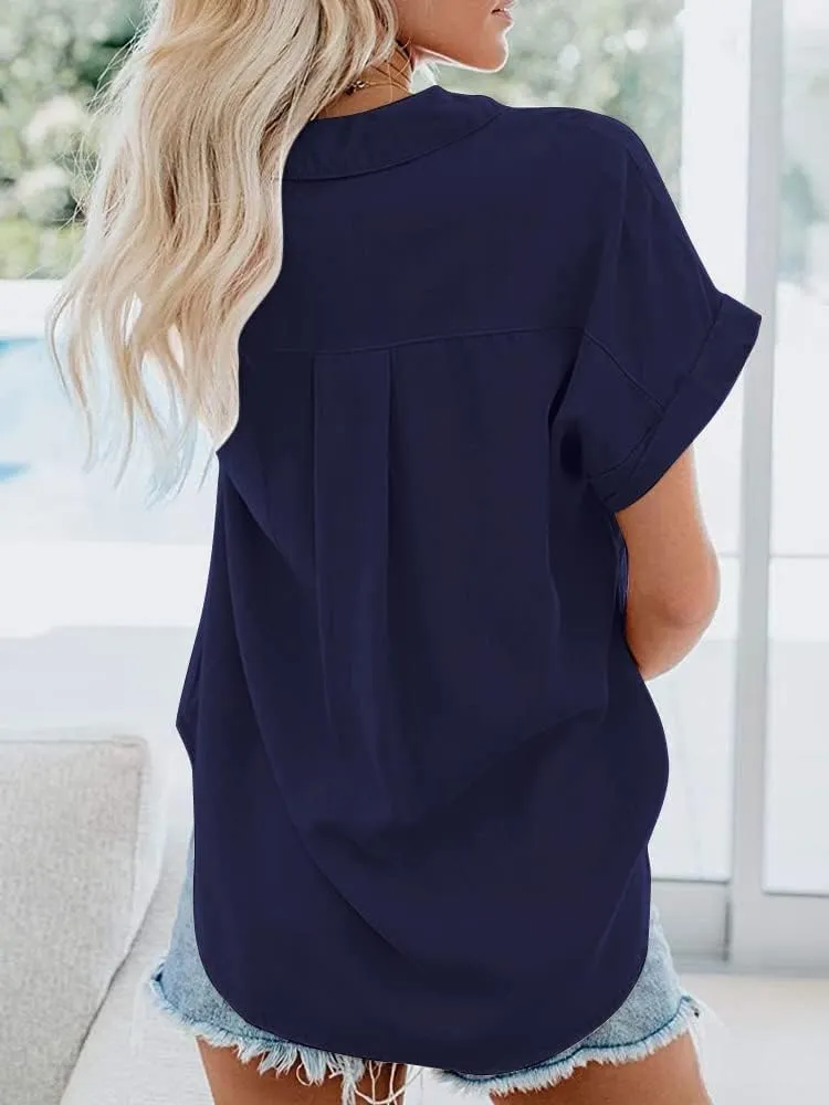 Womens Button Down Shirts Short Sleeve Linen Cotton Collared Button Up Casual Blouses Oversized Tops with Pocket