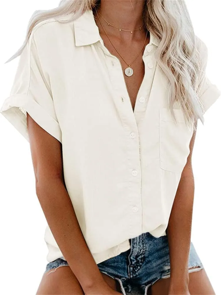 Womens Button Down Shirts Short Sleeve Linen Cotton Collared Button Up Casual Blouses Oversized Tops with Pocket