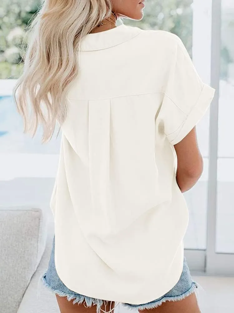 Womens Button Down Shirts Short Sleeve Linen Cotton Collared Button Up Casual Blouses Oversized Tops with Pocket