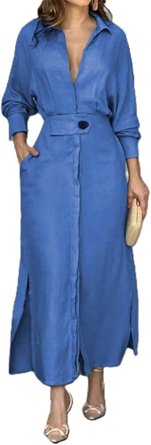 Womens Cotton Linen Maxi Shirt Dress Dressy Casual V Neck Long Sleeve High Waist Irregular Slit Dress with Pockets