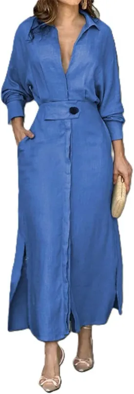 Womens Cotton Linen Maxi Shirt Dress Dressy Casual V Neck Long Sleeve High Waist Irregular Slit Dress with Pockets