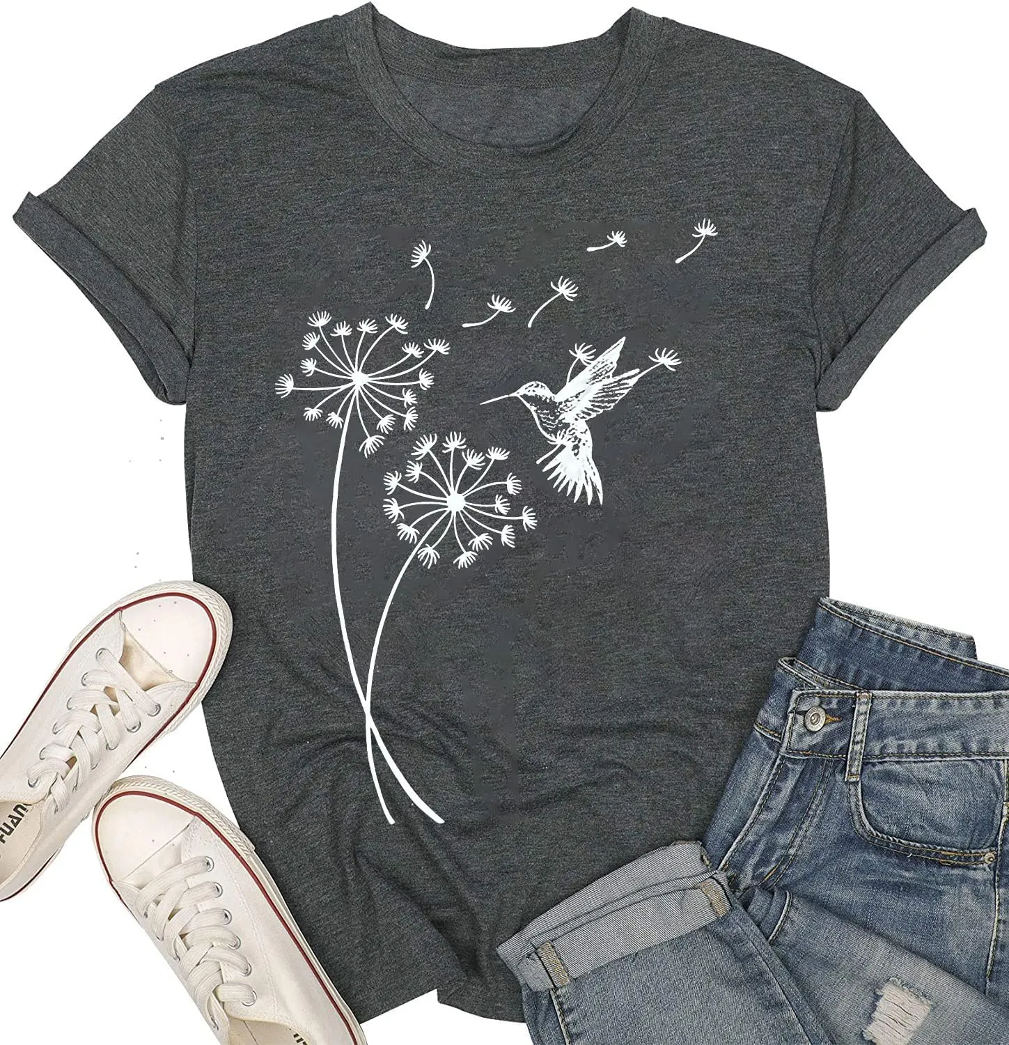 Women's Dandelion T Shirts Cute Wildflower Graphic Tees Funny Nature Bird Print Summer Casual Short Sleeve Tee Tops