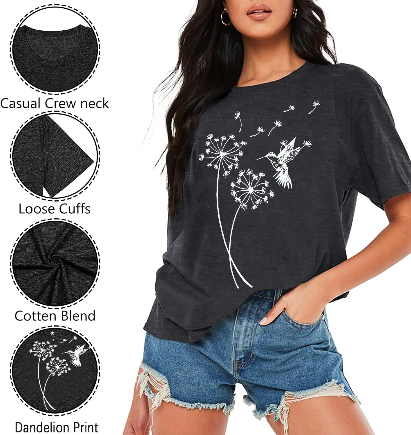 Women's Dandelion T Shirts Cute Wildflower Graphic Tees Funny Nature Bird Print Summer Casual Short Sleeve Tee Tops