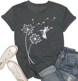 Women's Dandelion T Shirts Cute Wildflower Graphic Tees Funny Nature Bird Print Summer Casual Short Sleeve Tee Tops