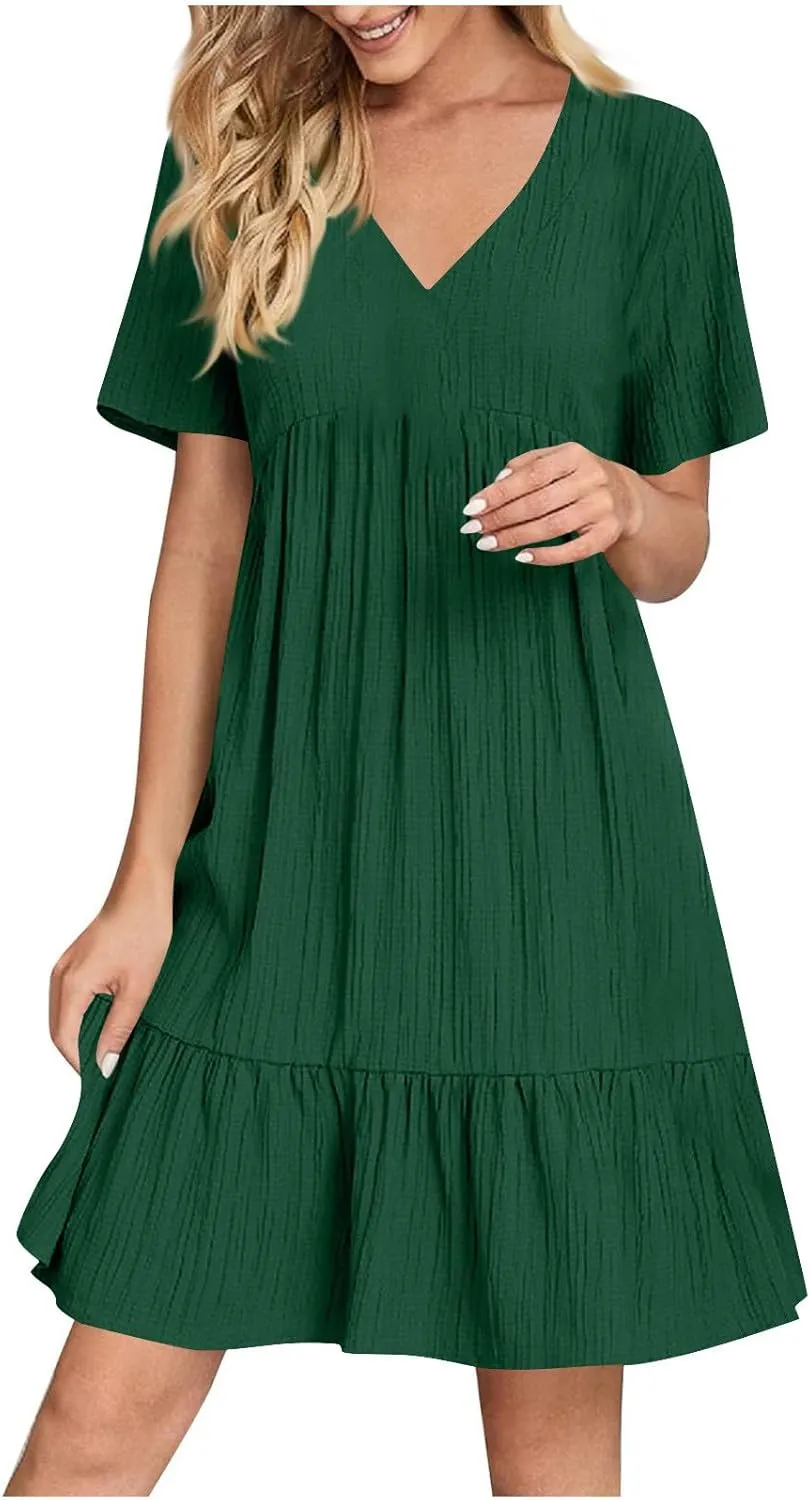 Womens Dresses Summer Plus Size Short Sleeve V Neck Casual Flowy Tshirt Dress Beach Travel Vacation Mini Sundress