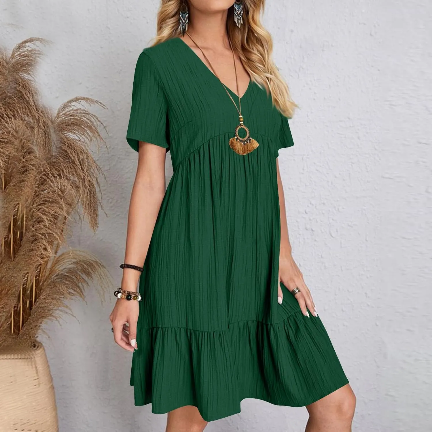 Womens Dresses Summer Plus Size Short Sleeve V Neck Casual Flowy Tshirt Dress Beach Travel Vacation Mini Sundress