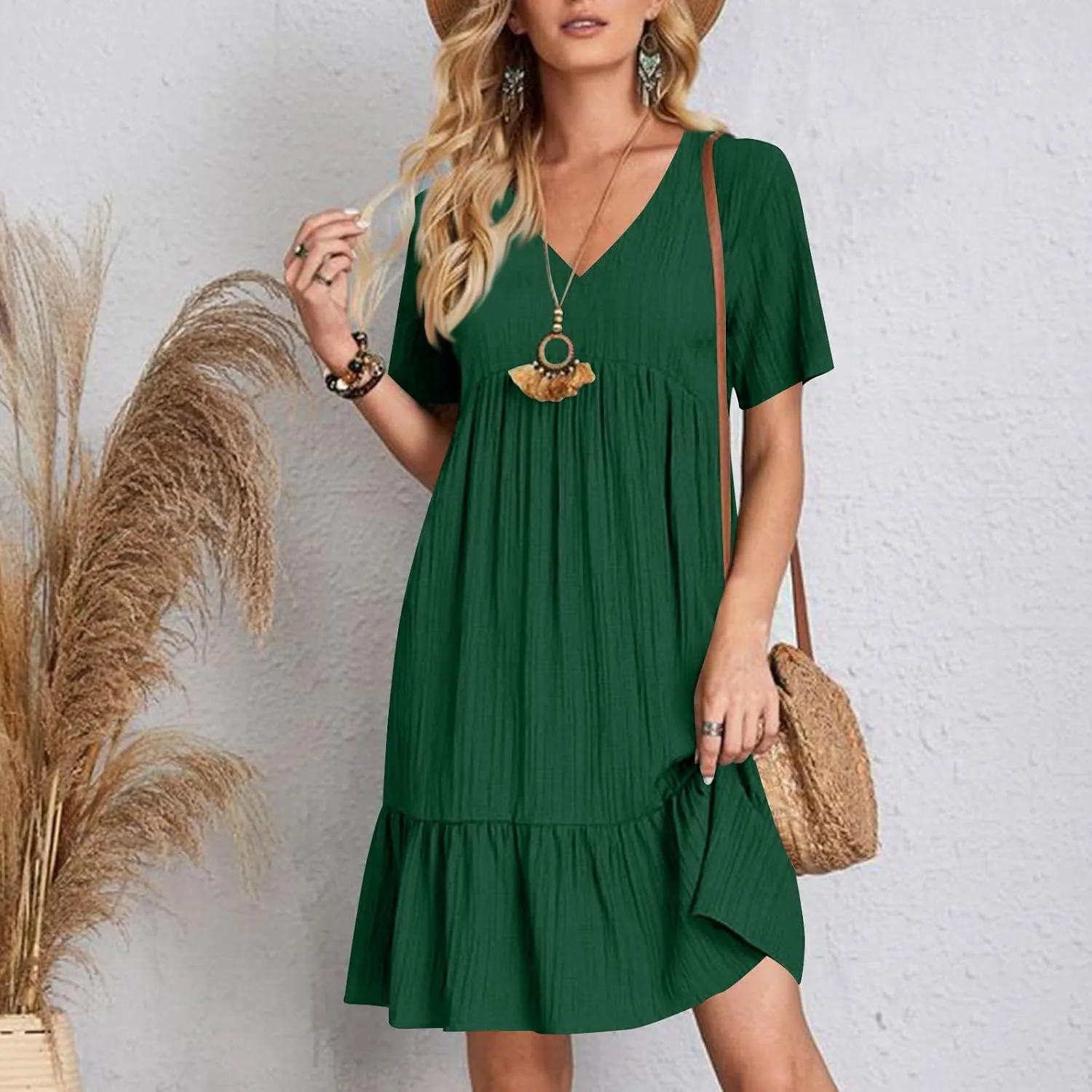 Womens Dresses Summer Plus Size Short Sleeve V Neck Casual Flowy Tshirt Dress Beach Travel Vacation Mini Sundress