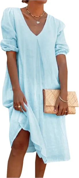 Womens Linen Dress V Neck Puff Sleeve Maxi Solid Color Casual Loose Vacation Summer Beach Midi Dresses
