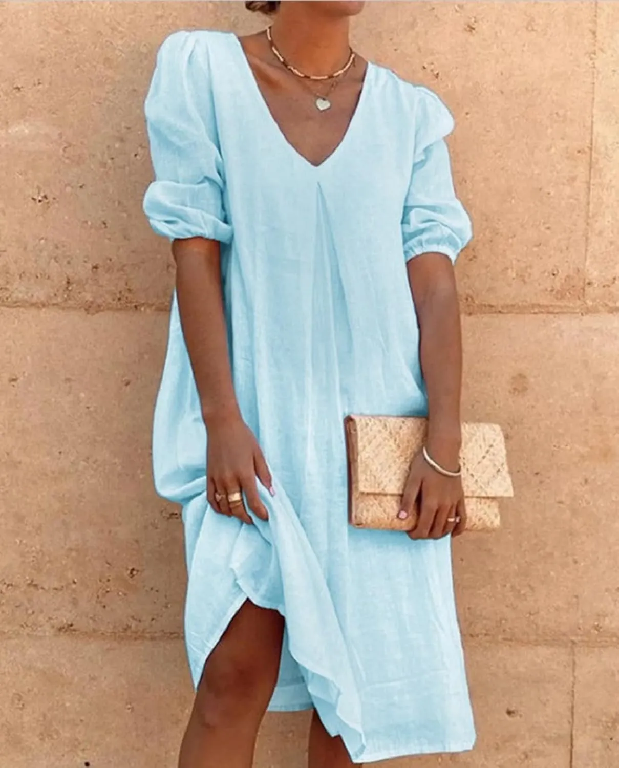Womens Linen Dress V Neck Puff Sleeve Maxi Solid Color Casual Loose Vacation Summer Beach Midi Dresses