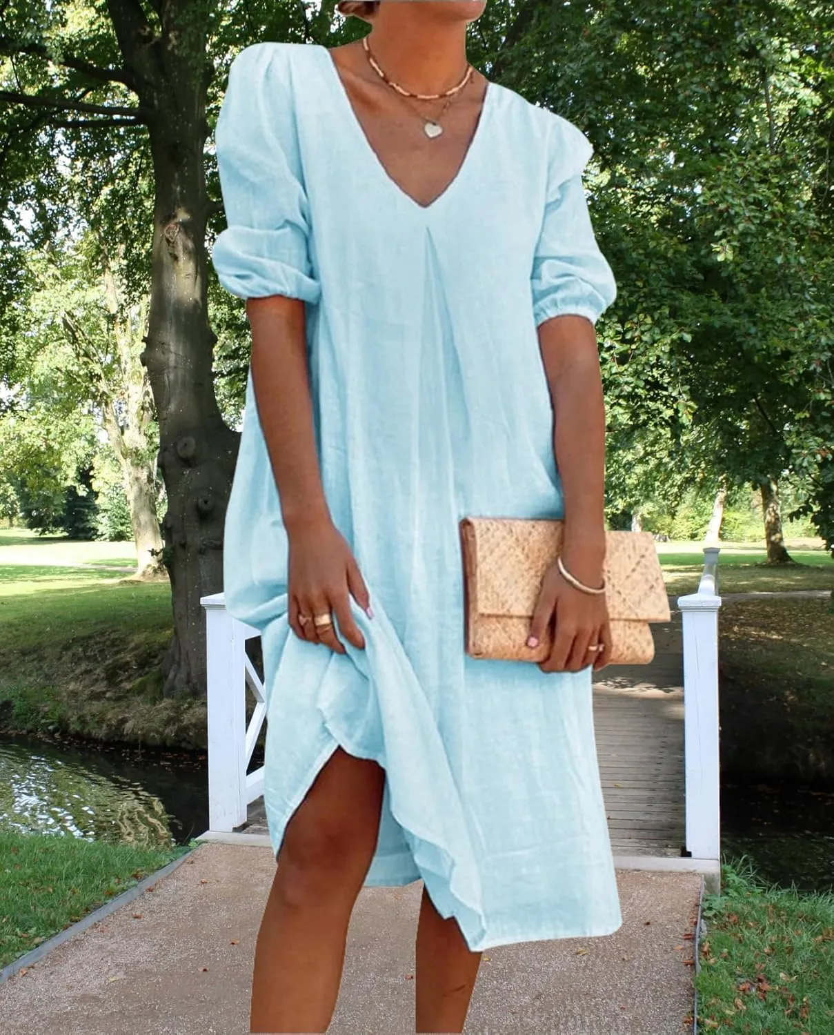 Womens Linen Dress V Neck Puff Sleeve Maxi Solid Color Casual Loose Vacation Summer Beach Midi Dresses