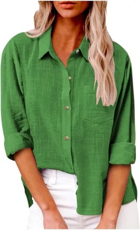 Women's Linen Shirt 2024 Fall Casual Loose Long Sleeve V Neck Blouses Cotton Linen Going Out Vintage Long Sleeve