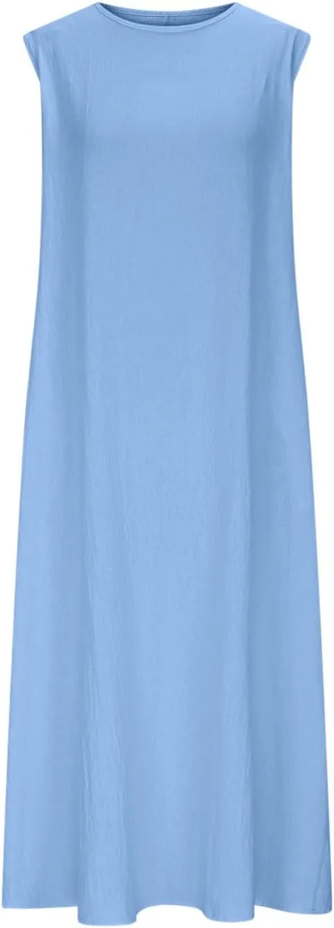 Womens Midi Tank Dresses Summer Casual Cotton Linen Sleeveless Dress with Pockets Loose Flowy Beach Vacation Sundress