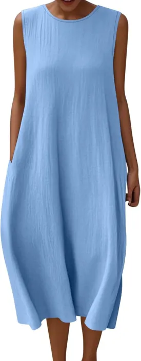 Womens Midi Tank Dresses Summer Casual Cotton Linen Sleeveless Dress with Pockets Loose Flowy Beach Vacation Sundress