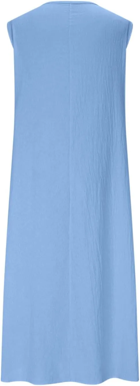 Womens Midi Tank Dresses Summer Casual Cotton Linen Sleeveless Dress with Pockets Loose Flowy Beach Vacation Sundress