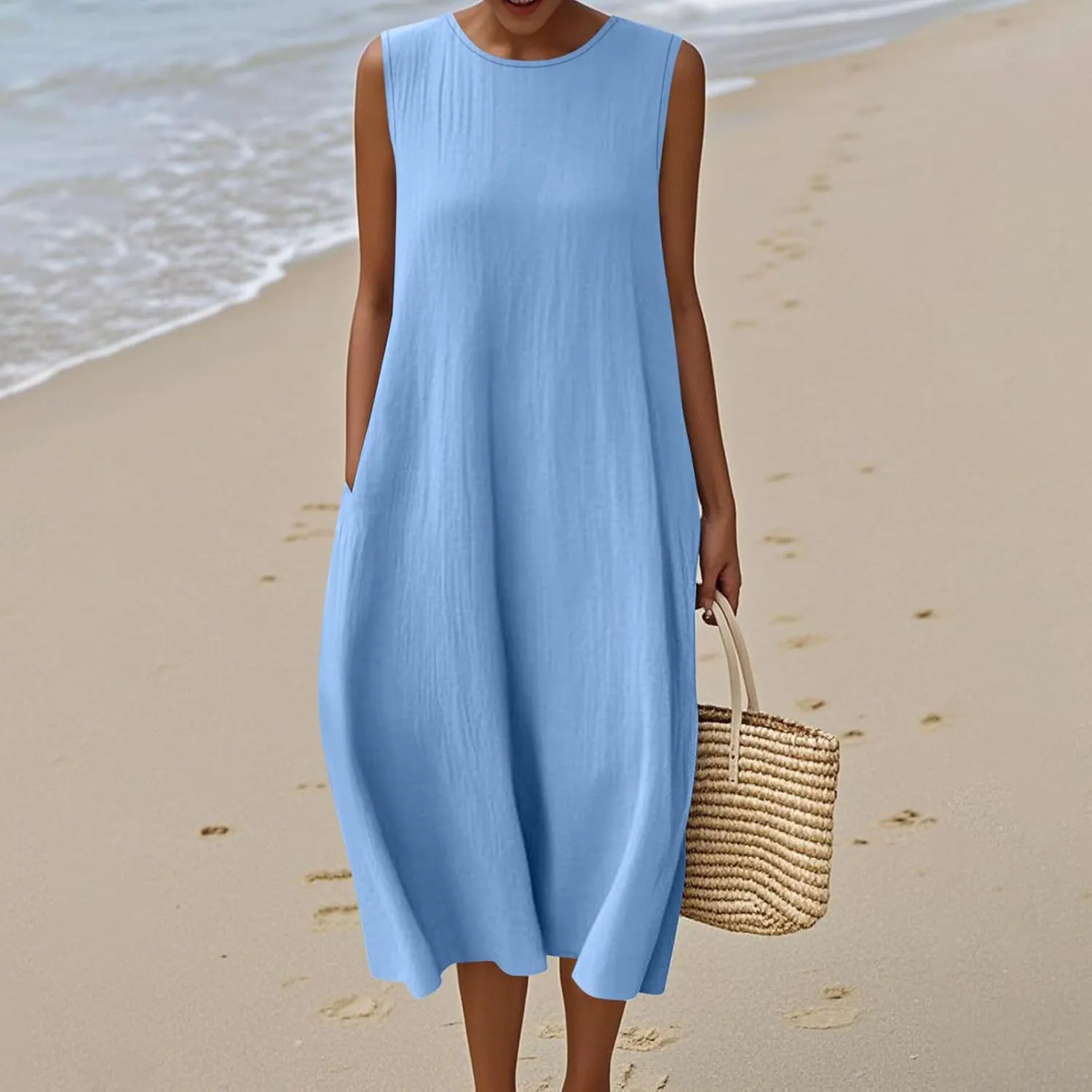 Womens Midi Tank Dresses Summer Casual Cotton Linen Sleeveless Dress with Pockets Loose Flowy Beach Vacation Sundress