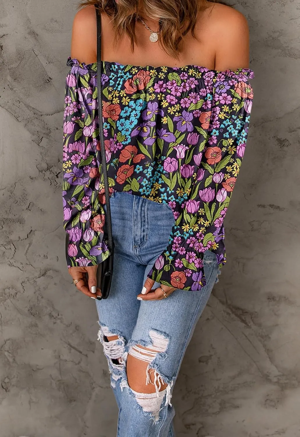 Women's Off Shoulder Top Ruffle Long Sleeve Chiffon Blouse Casual Loose Shirts