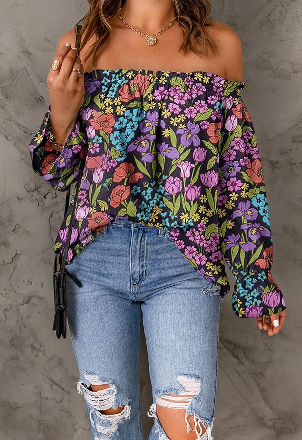 Women's Off Shoulder Top Ruffle Long Sleeve Chiffon Blouse Casual Loose Shirts