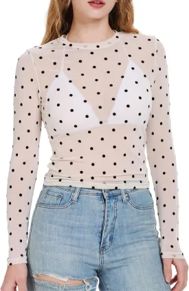 Women's Polka Dots Sheer Mesh Long Sleeve Tops Slim Fit Crewneck See Through Going Out T Shirts